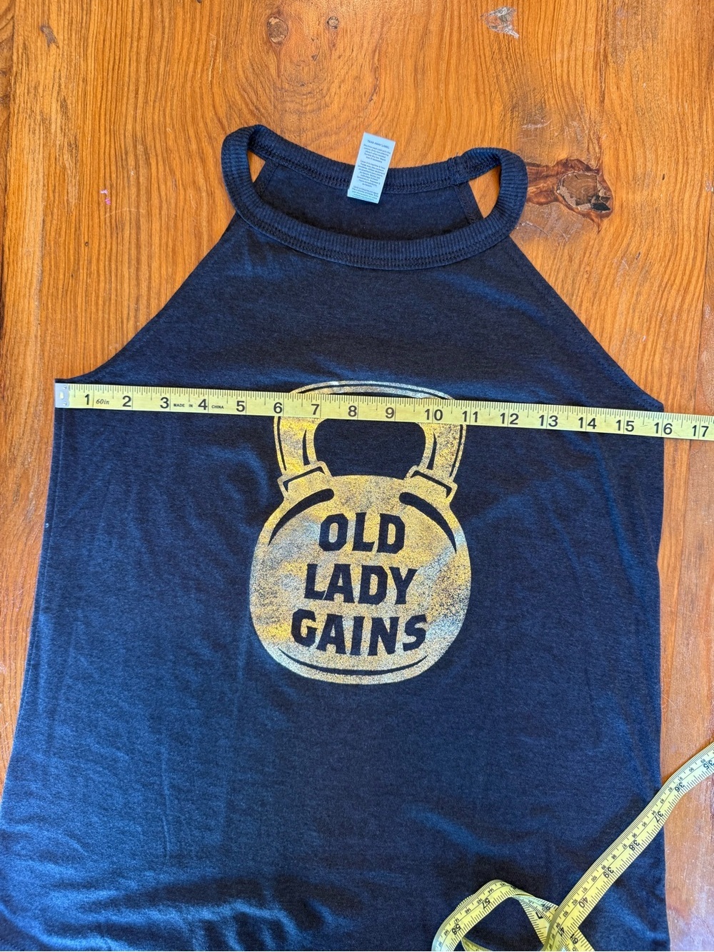Old Lady Gains District Charcoal Tank Top with Gold Kettlebell Graphic Size XS - Picture 6 of 7
